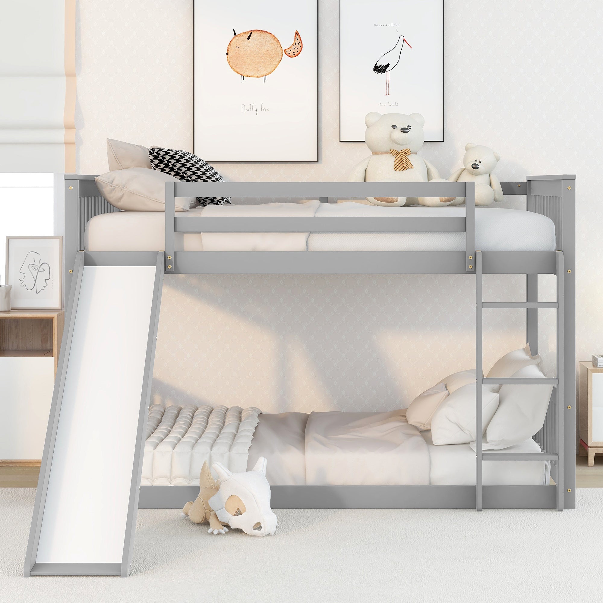 Masonstine Full over Full Bunk Bed with Slide and Ladder, Grey