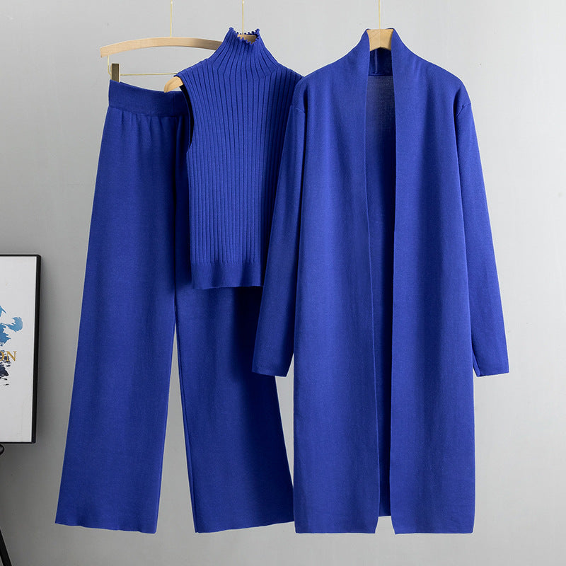3pcs Suits Women Fashion Knitting Sleeveless Vest Sweater Long Cardigan And Wide-leg Pants Three-piece Set (See size chart where applicable)