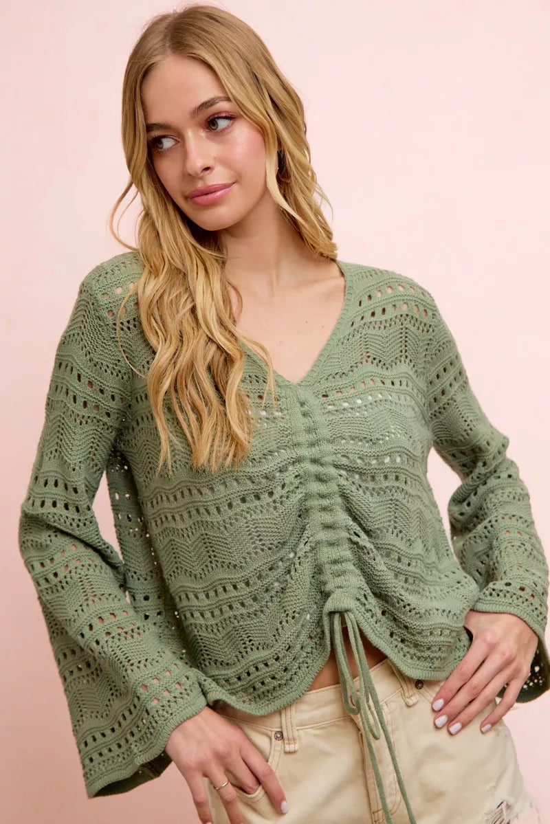 BiBi Pointelle Knit V Neck Ruched Front Lightweight Top