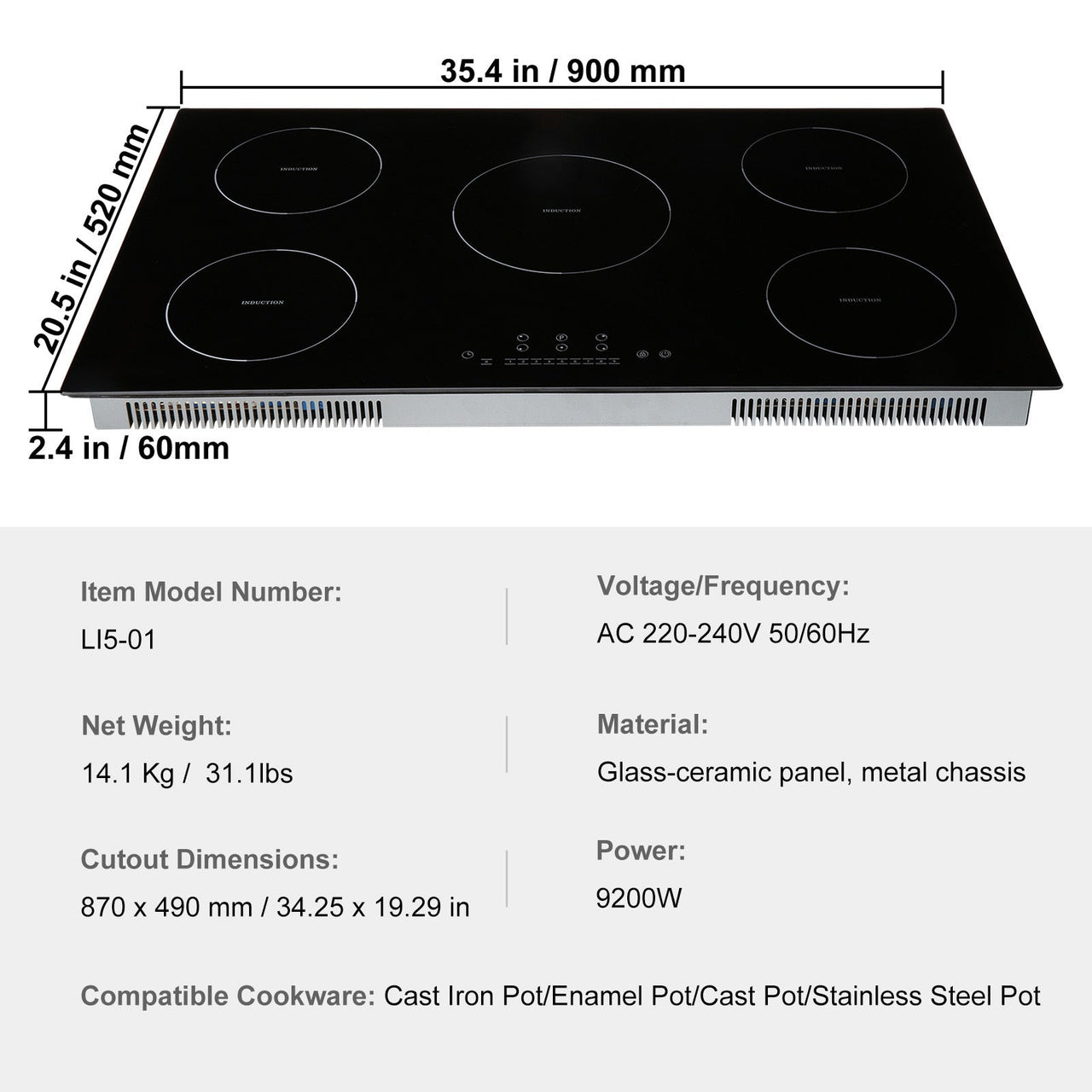 Electric Cooktop, 5 Burners, 36'' Induction Stove Top, Built-in Magnetic Cooktop 9200W, 9 Heating Level Multifunctional Burner, LED Touch Screen w/ Child Lock & Over-Temperature Protection