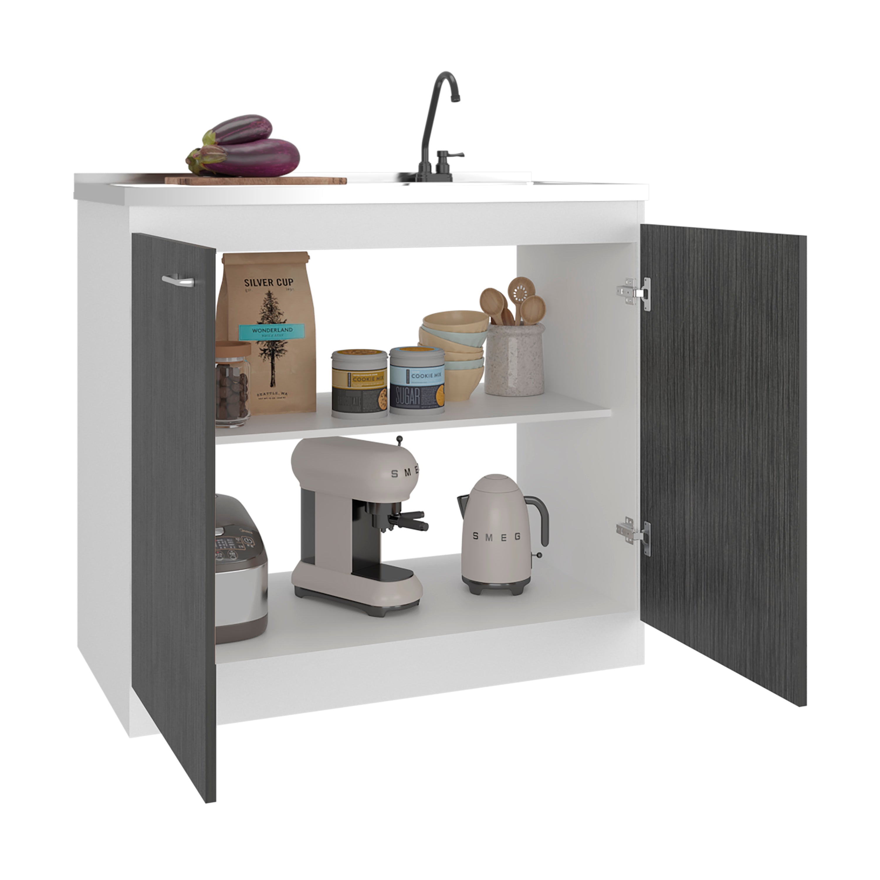 Salento Freestanding Sink, Double Door Cabinet, White / Smokey Oak