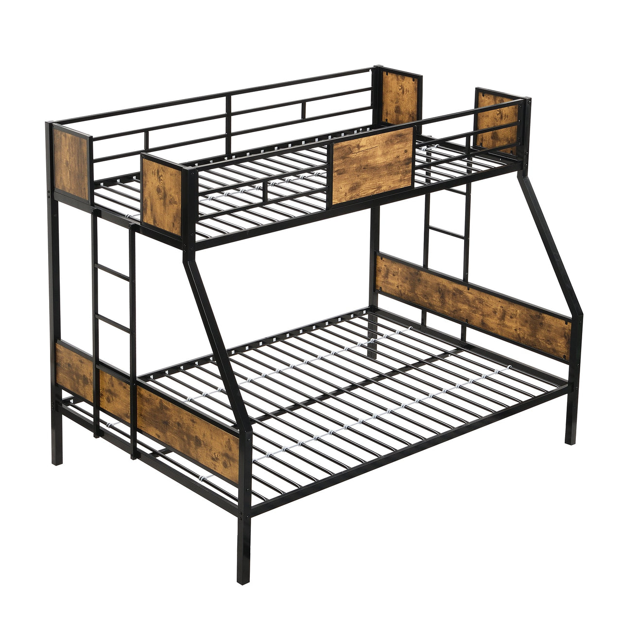 Modern Twin Over Full Metal Bunk Bed with 2-Side Ladder, Full-Length Guardrail, No Box Spring Needed, Black & Brown