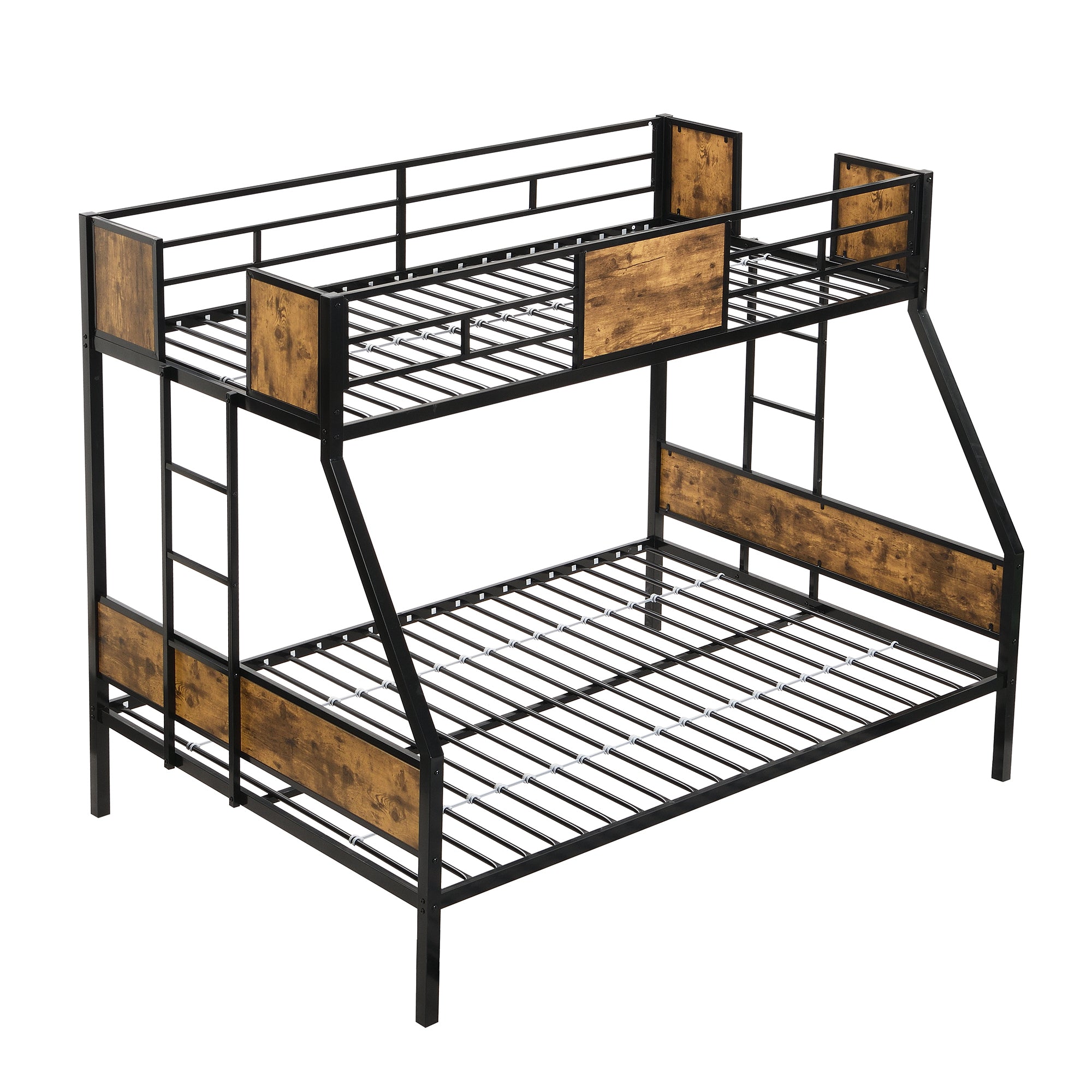 Modern Twin Over Full Metal Bunk Bed with 2-Side Ladder, Full-Length Guardrail, No Box Spring Needed, Black & Brown