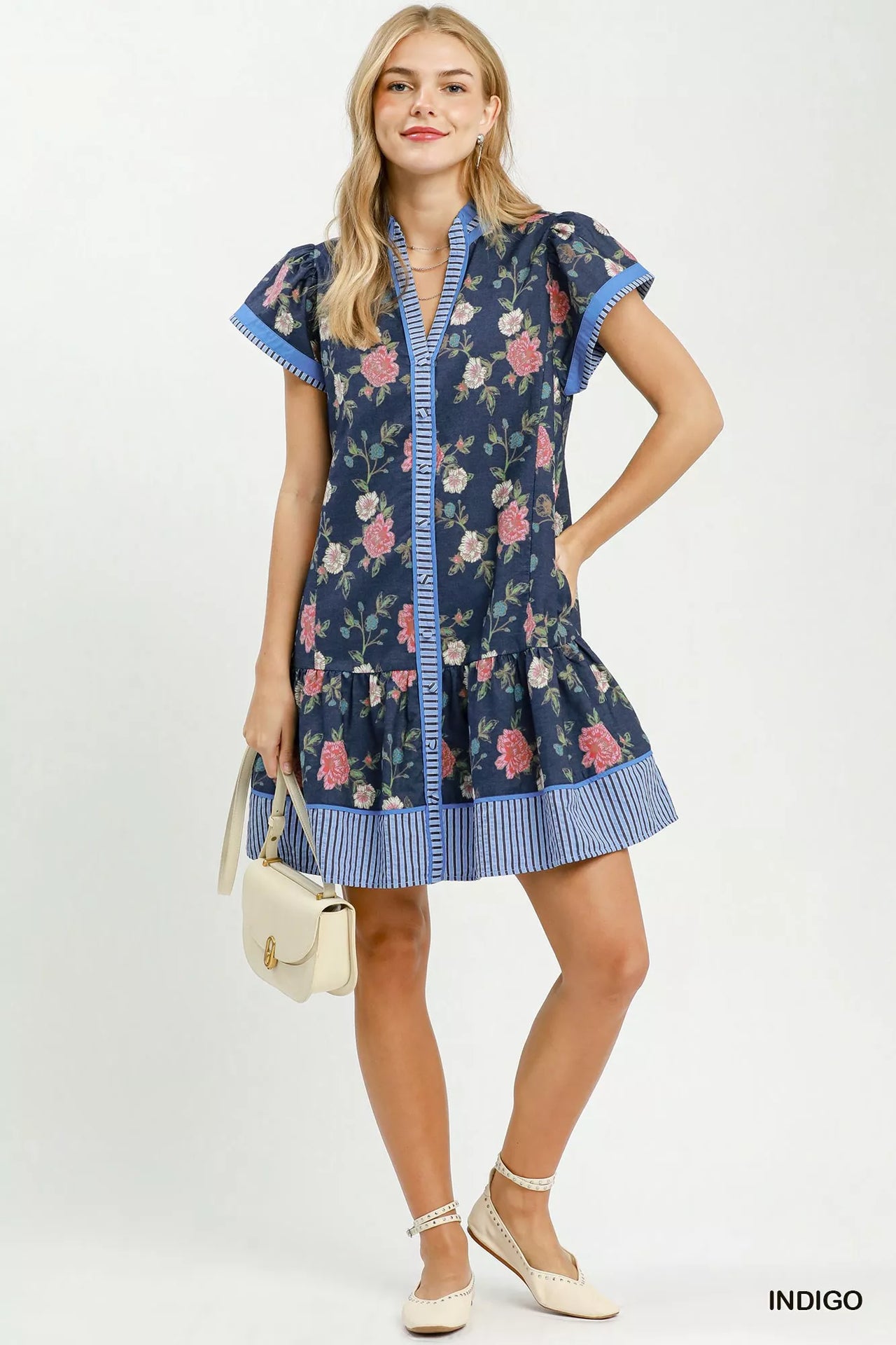 Umgee Floral Contrast Trim Ruffle Hem Mini Dress