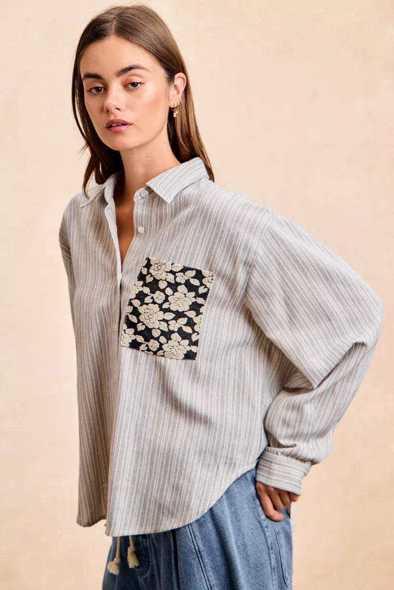 BiBi Flower Jacquard Knit Patch Pocket Stripe Shirt