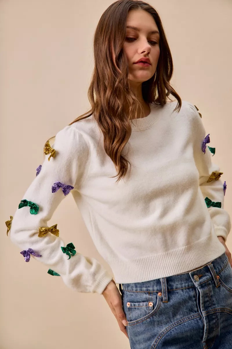 SO ME Mardi Gras Glitter Bow Ribbon Sweater Knit Top
