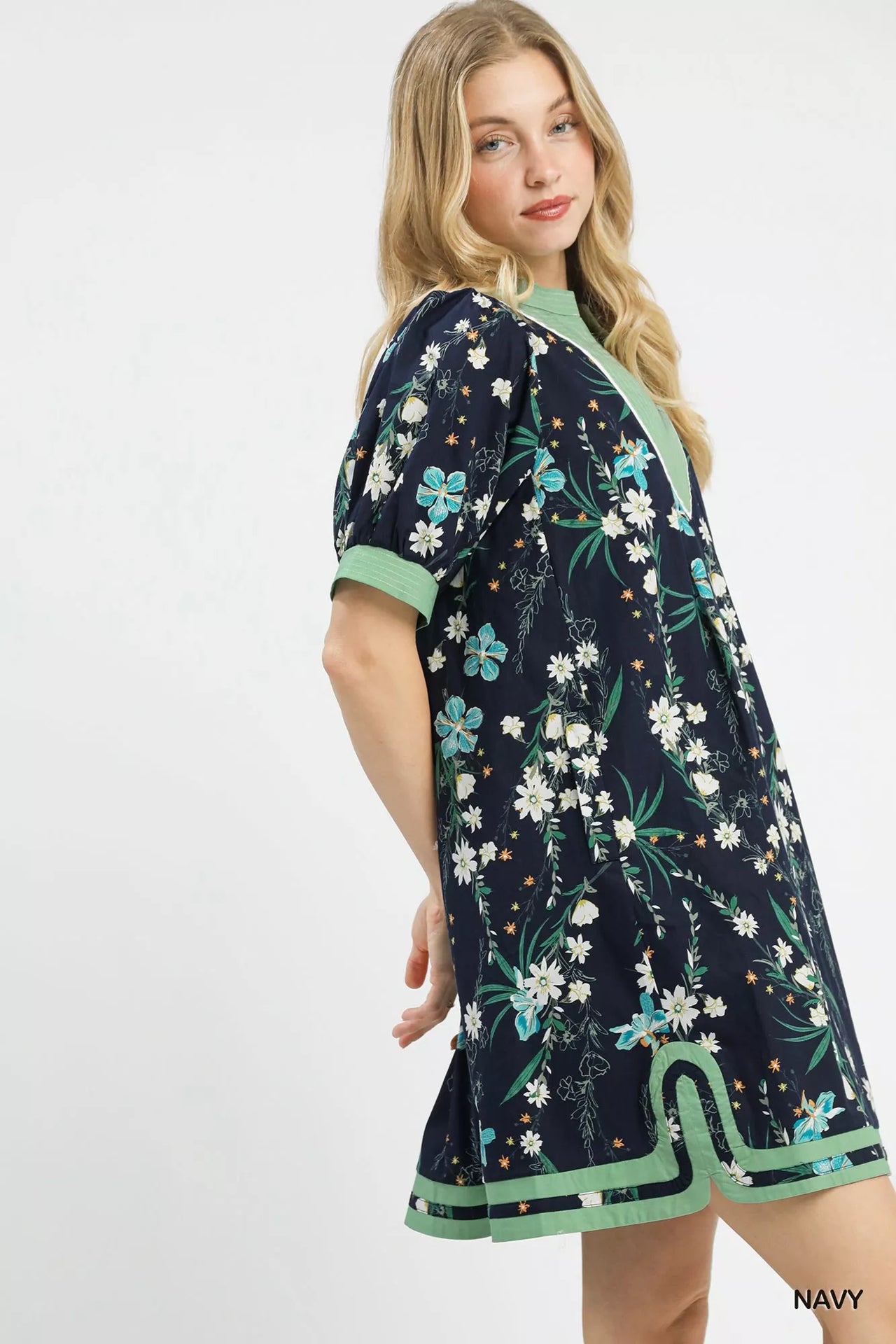 Umgee Floral Puff Sleeve Dress with Contrast Trim