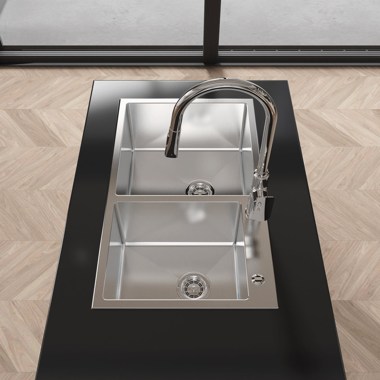 Stainless Steel Kitchen Sink, 32″x19″ Double Bowl in Brushed Nickel, Overmount Handmade Sink, with US Standard Drain and Hook, LS-SSBR03