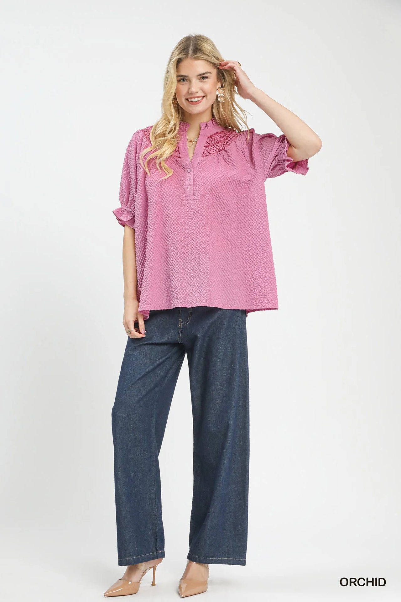 Umgee Textured Henley Blouse with Ruffle Cuffs