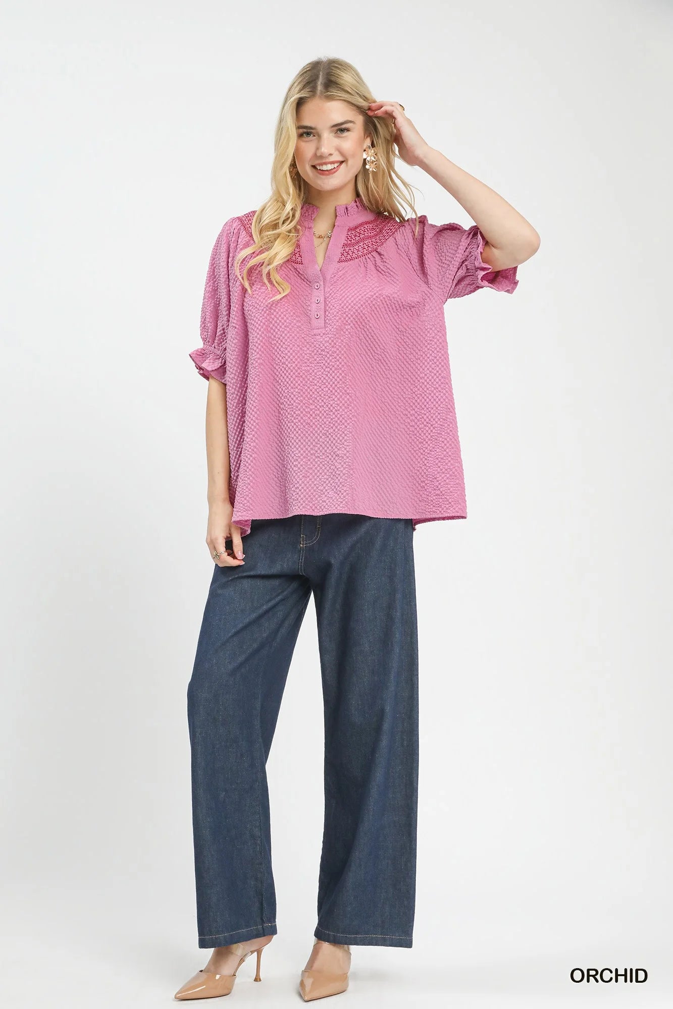 Umgee Textured Henley Blouse with Ruffle Cuffs