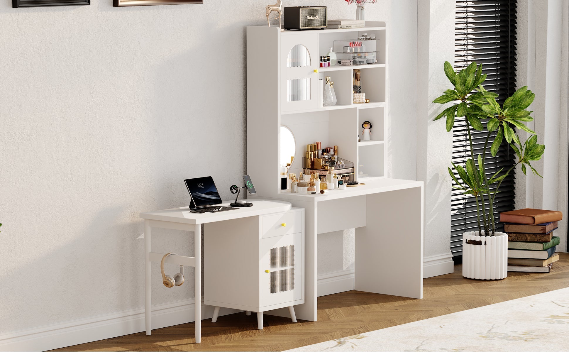 Computer Desk with 90 Degree Rotating Desktop, 43x70 Inch Office Desk with Storage Drawer and Cabinets, Gaming Desk with Shelves, Writing Desk for Study, Work Desk for Home (Old SKU:N733P279101K)