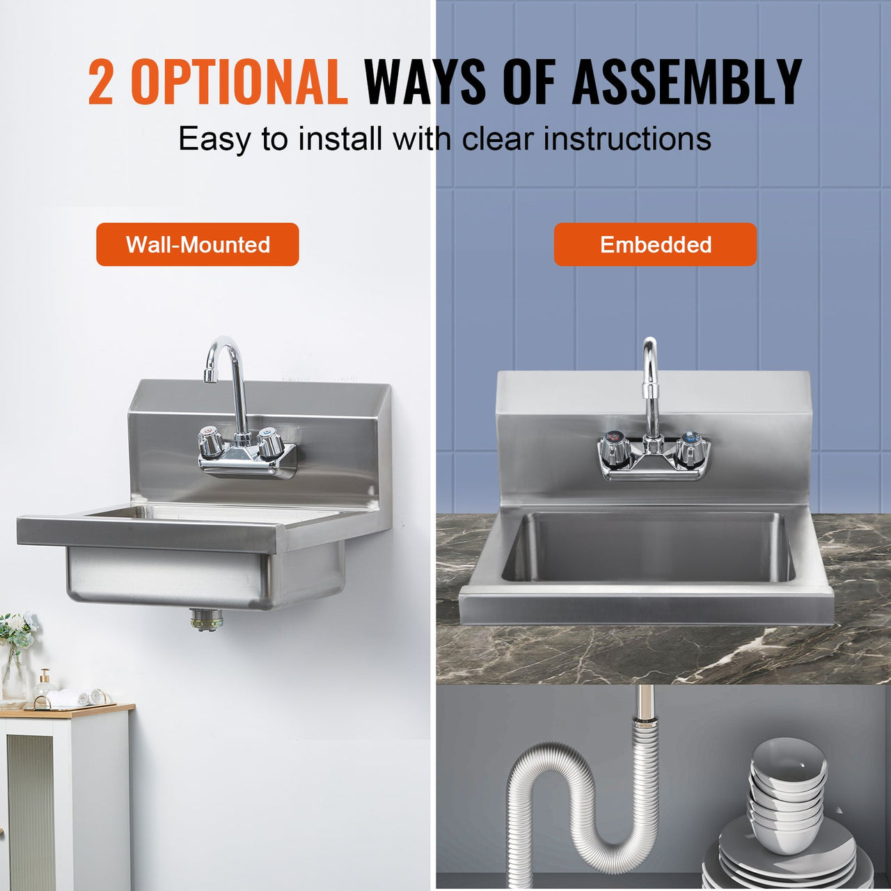 Commercial Hand Sink with Faucet, Stainless Steel Sink for Washing, Small Hand Washing Sink, Wall Mount Hand Basin, Utility Sink for Restaurant, Kitchen, Bar, Garage and Home, 17 x 12.8 inch