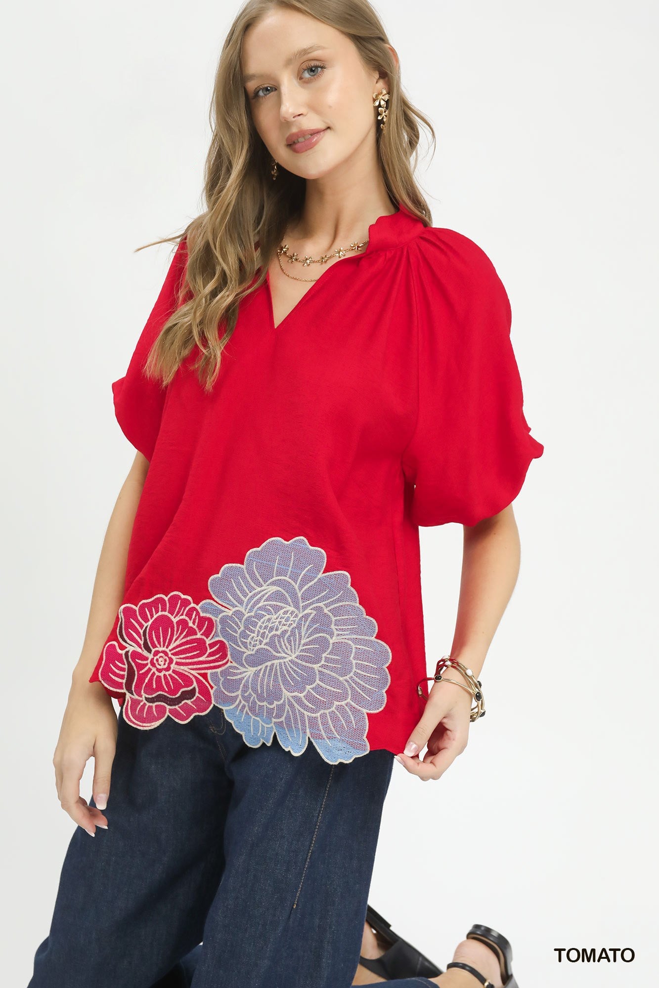 Umgee Floral Embroidered Hem Blouse