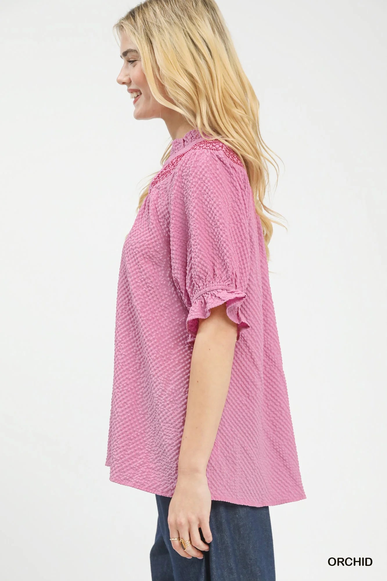 Umgee Textured Henley Blouse with Ruffle Cuffs