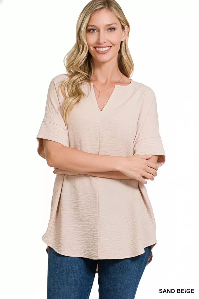 Zenana Woven Airflow Split Neck Short Sleeve Top