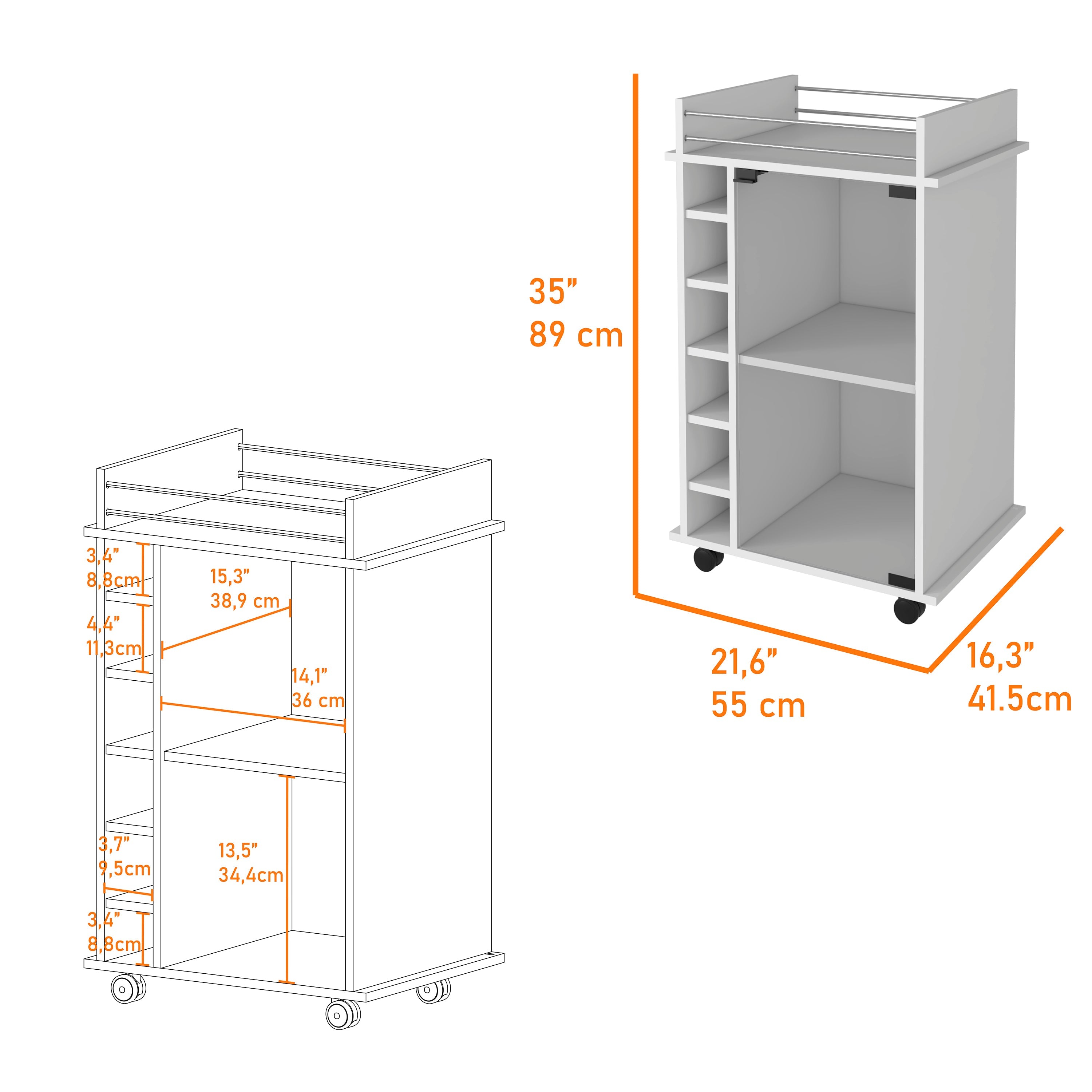 Vegas Bar Cart, Two Tier Cabinet With Glass Door, Six Cubbies For Liquor