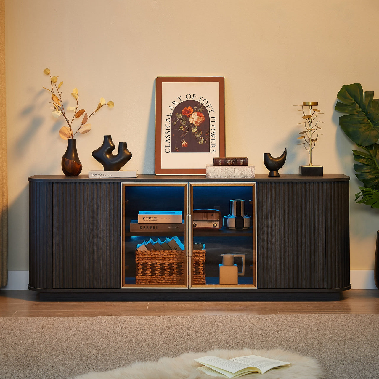 Modern 64-Inch Wavy TV Cabinet with LED Lights, Black, Particleboard and MDF, 64''W x 15''D x 24''H