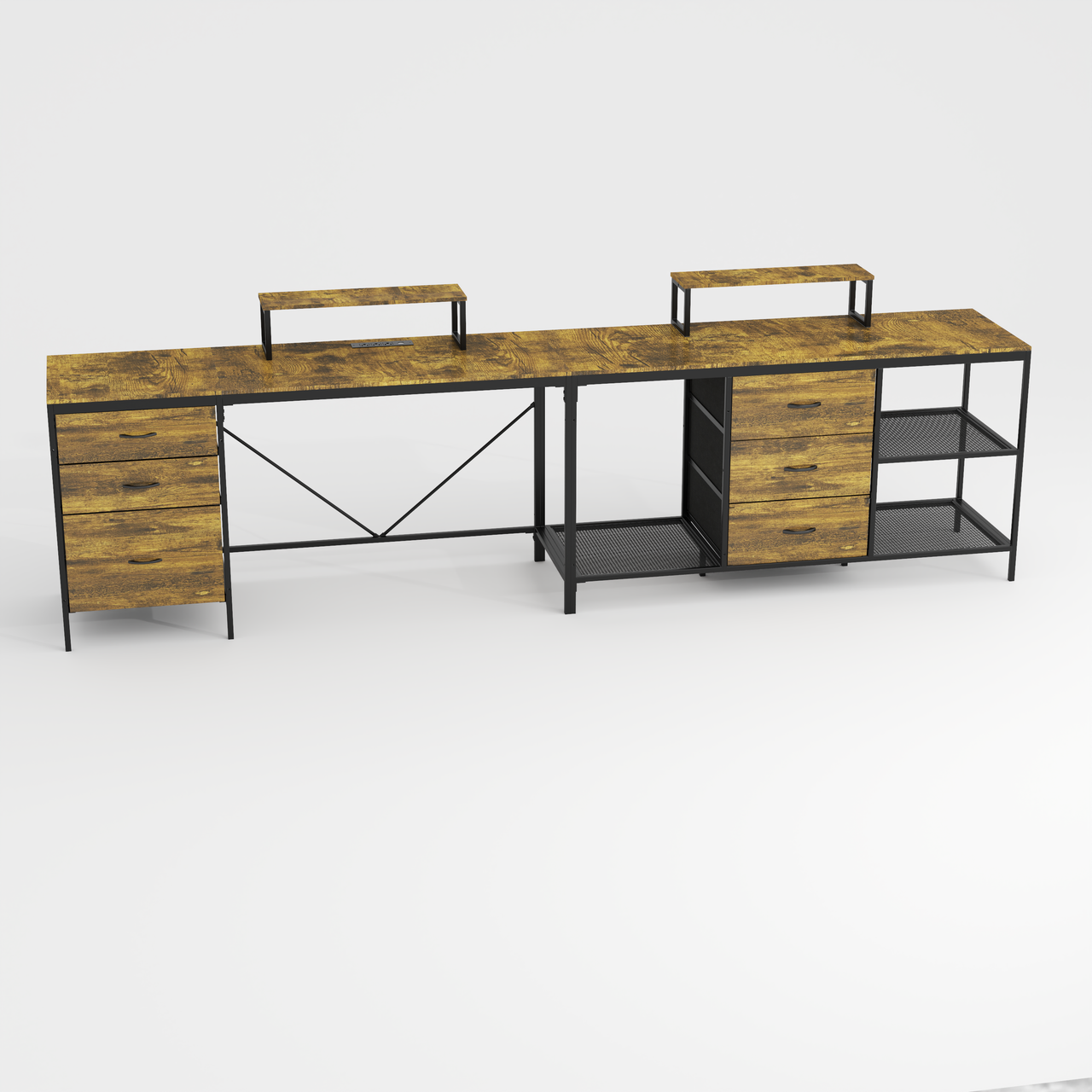 Industrial L-Shaped Computer Desk with Power Outlets & USB-C, Rustic Brown Metal Frame, 6 Fabric Drawers, 3 Open Shelves, Movable Monitor Stands, 114 Inch Corner Office Desk for Gaming and Work