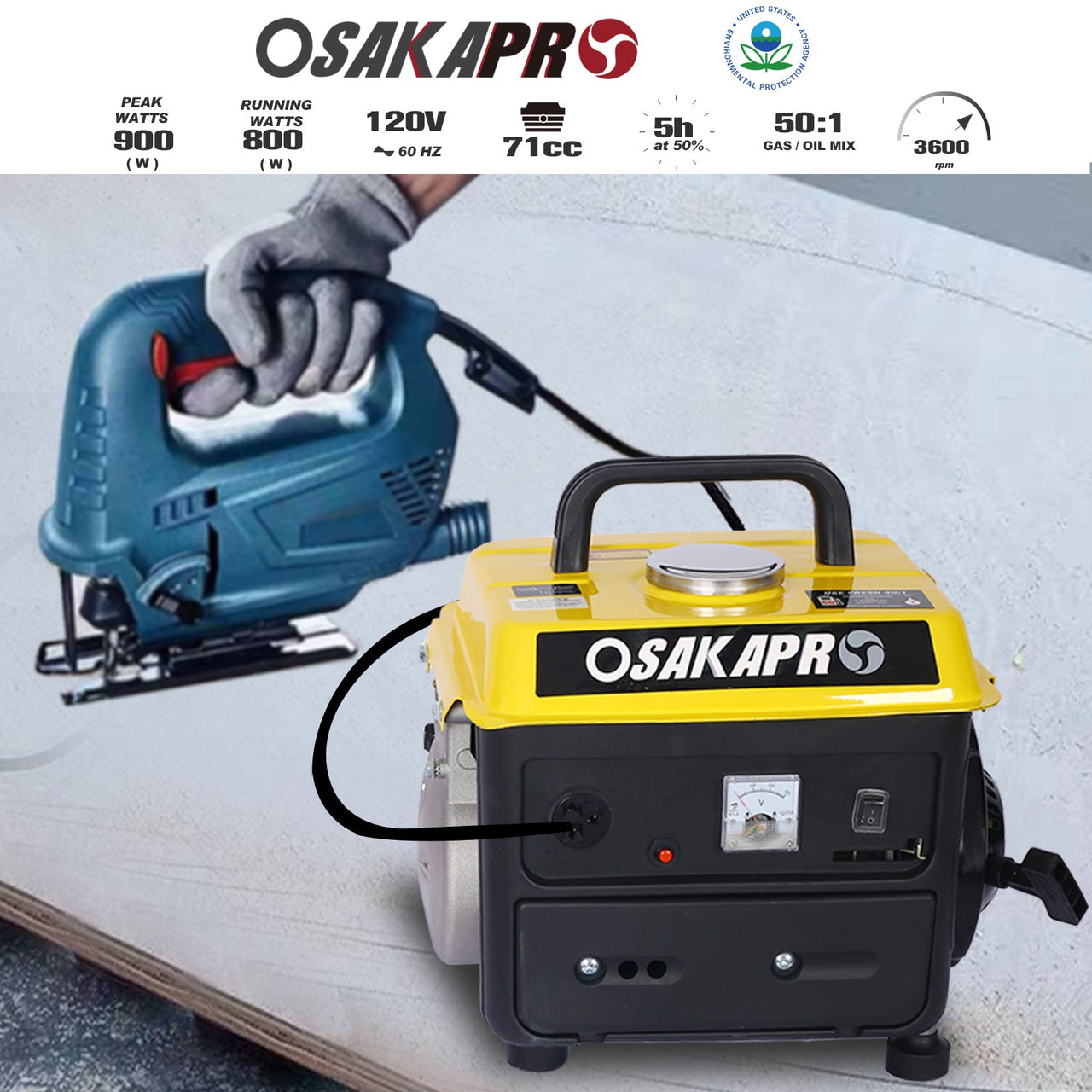 Portable Outdoor Generator Low Noise Gas Powered for Home Use Yellow Steel 14.60x12.20x13.80 Inches