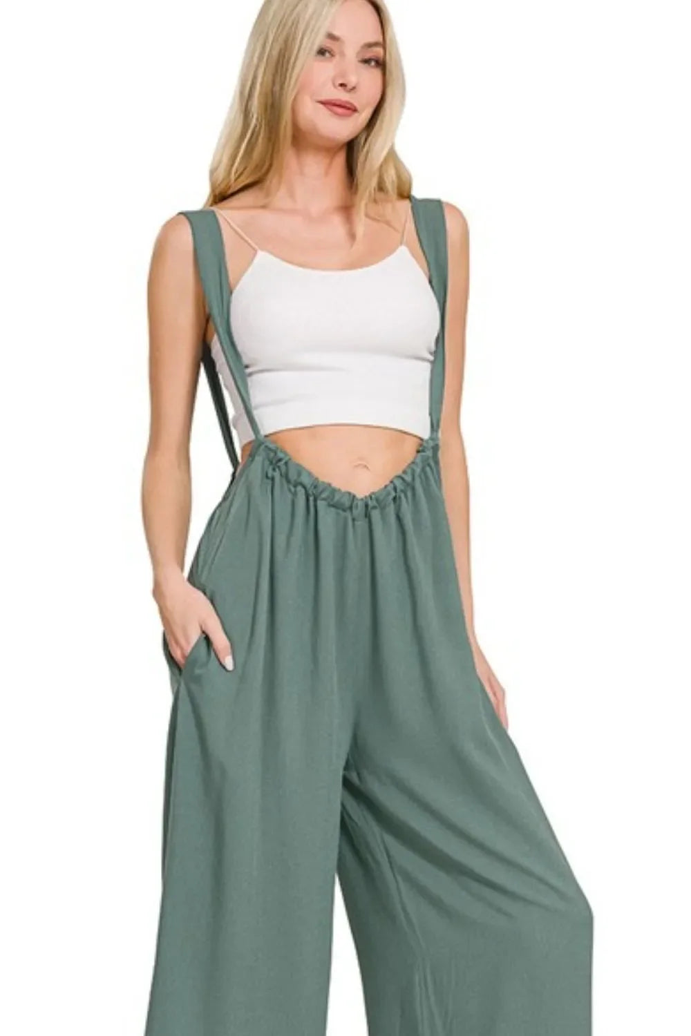 Zenana Woven Tie Back Suspender Jumpsuit