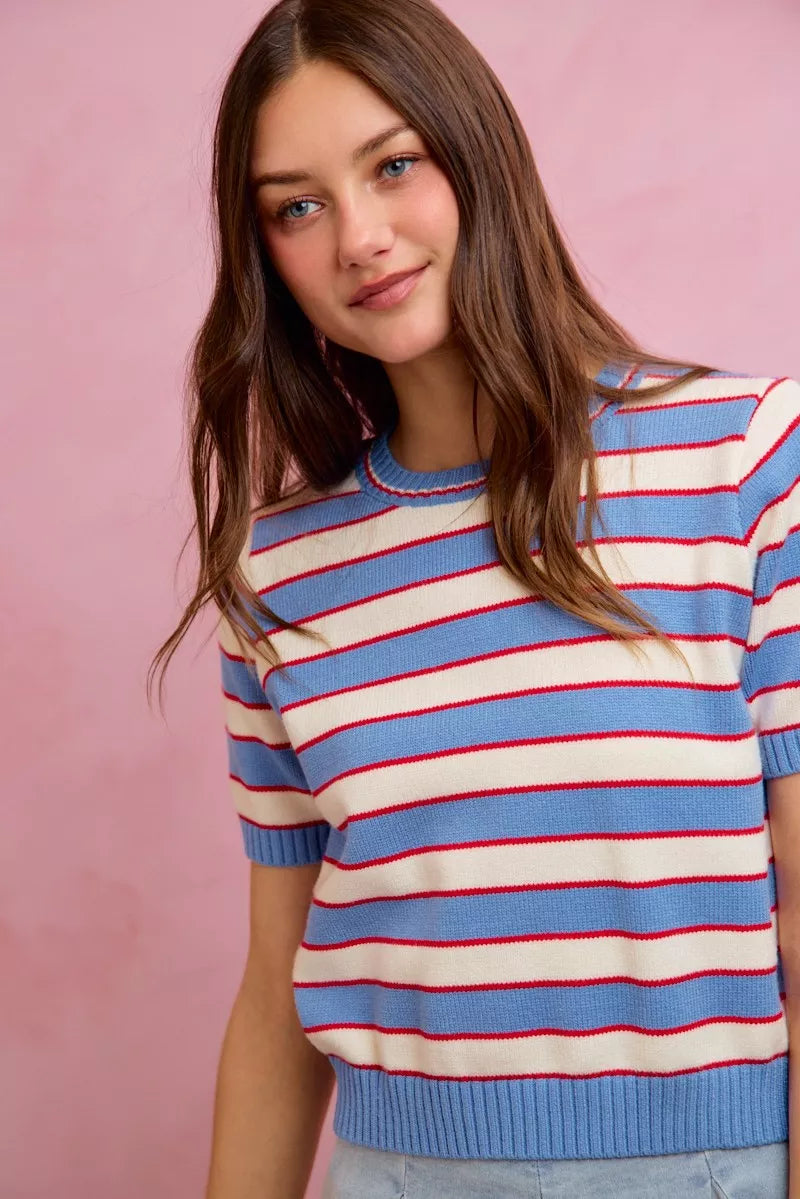 SO ME Stripe Knit Crew Neck Short Sleeves Sweater Top