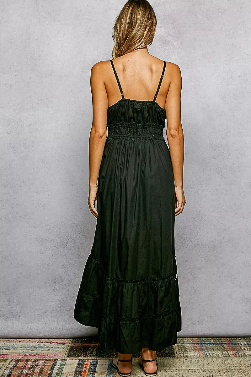 POL Embroidered Detail Tassel Tie Smocked Waist Midi Tiered Cami Dress