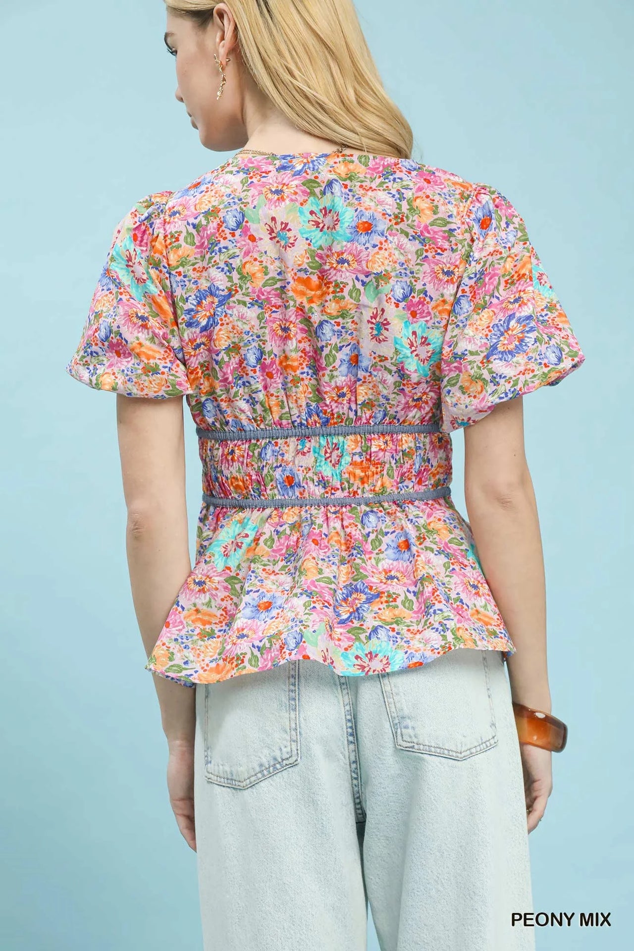 Umgee Mix Floral Smocked Waist Blouse
