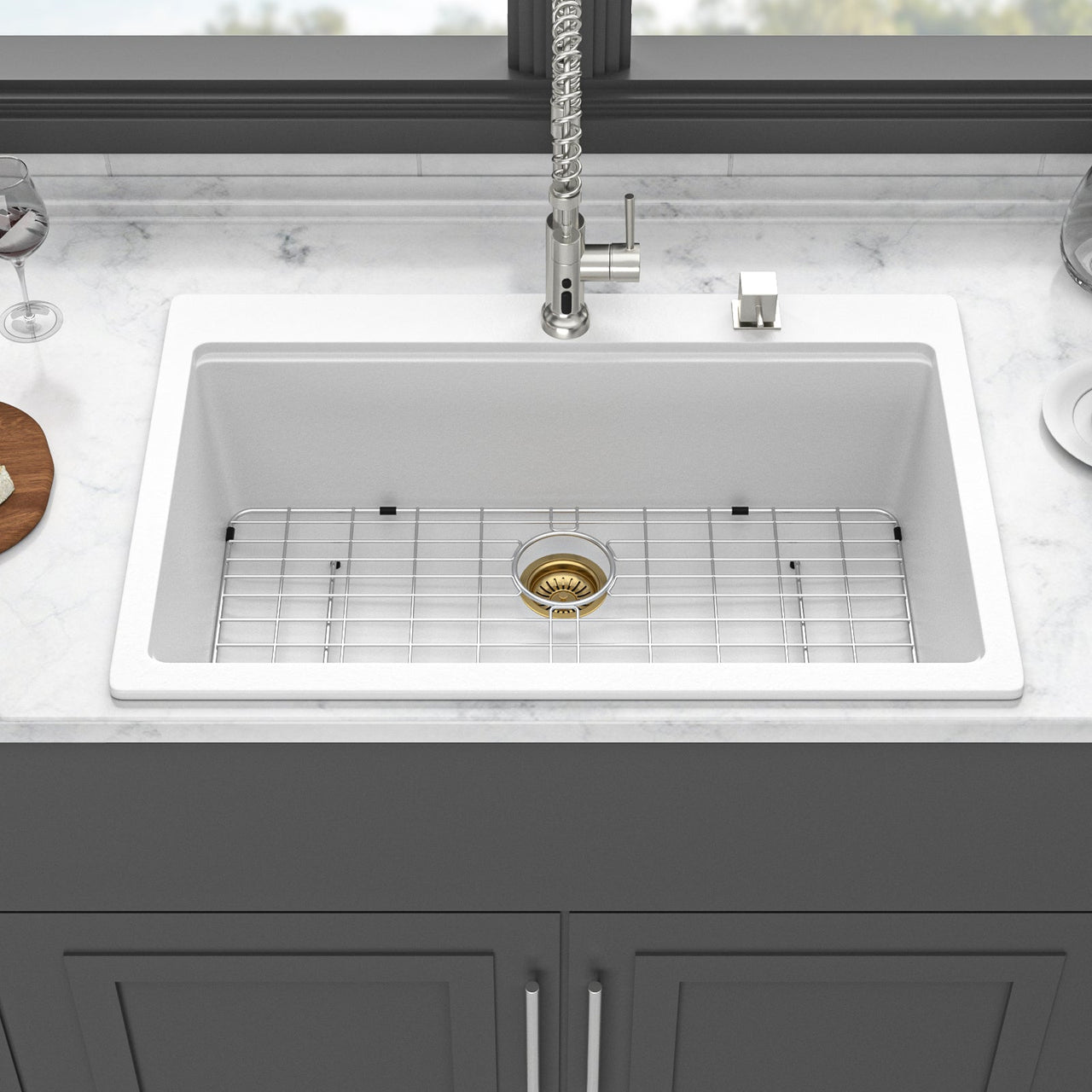 33 x 22 Inches White Granite Composite Quartz Kitchen Sink with Workstation Features and Drop-In Design