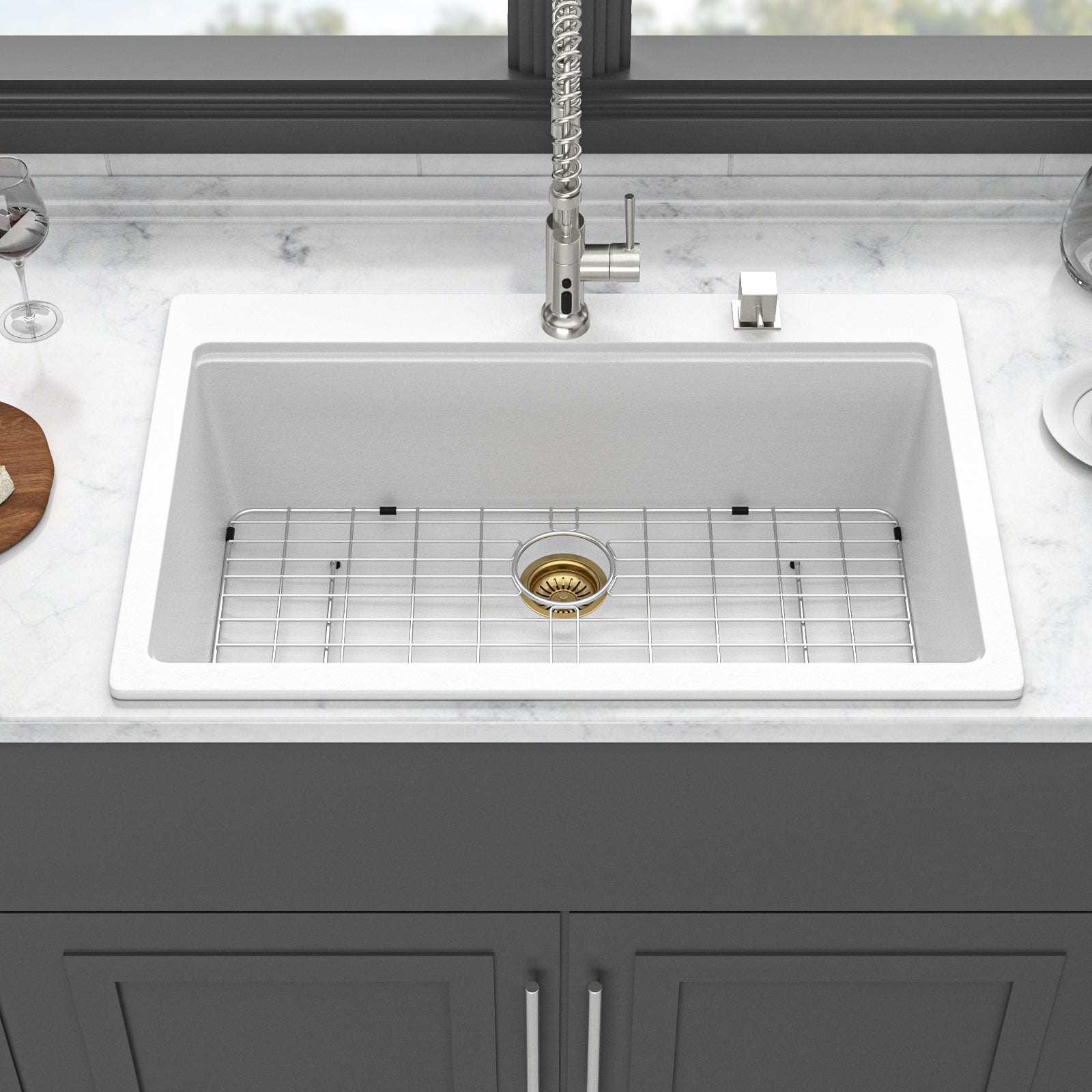 33 x 22 Inches White Granite Composite Quartz Kitchen Sink with Workstation Features and Drop-In Design