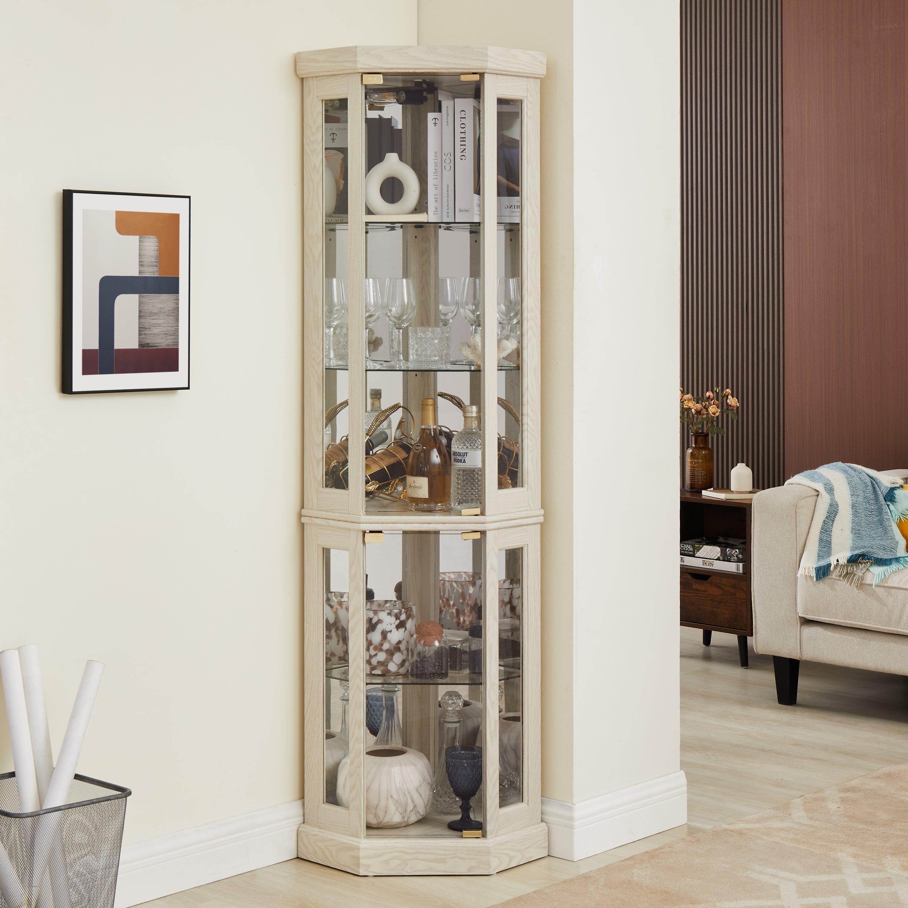 Lighted Corner Curio Cabinet - Display Case for Living Room, Antique Collectibles, Wine & Bar Glass Storage - Elegant Corner Design with Lights Included- White