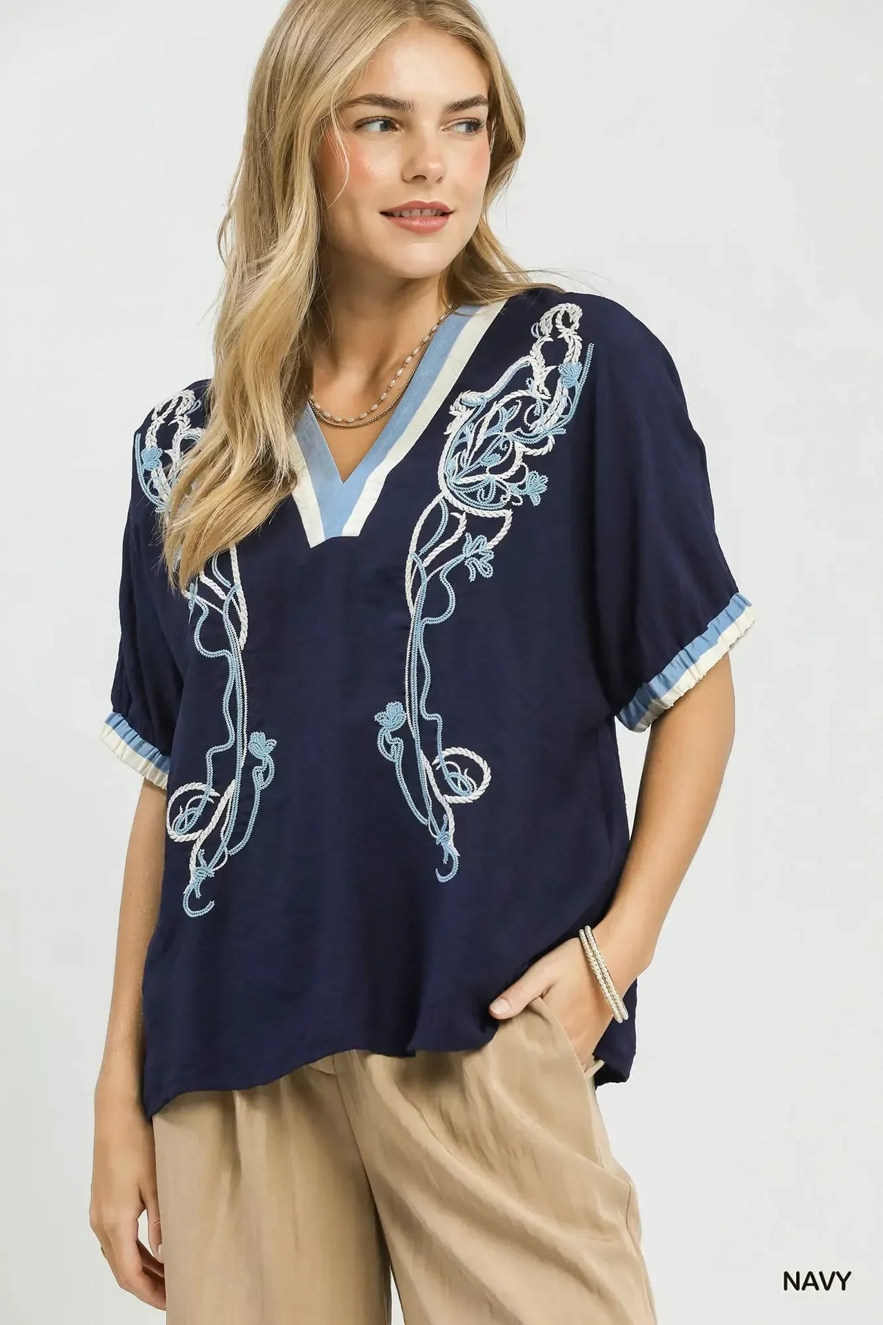 Umgee Embroidered Floral V-Neck Short Sleeve Blouse with Contrast Trim
