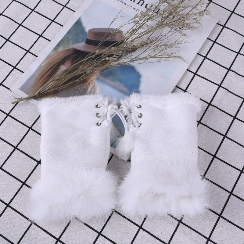 Suede Rabbit Hair Half Finger Gloves