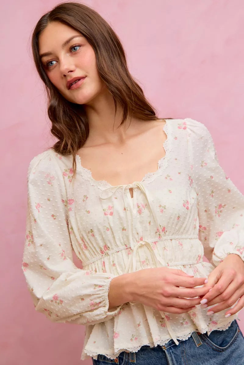 SO ME Floral Clip Dot Lace Trim Ruched Bodice Blouse