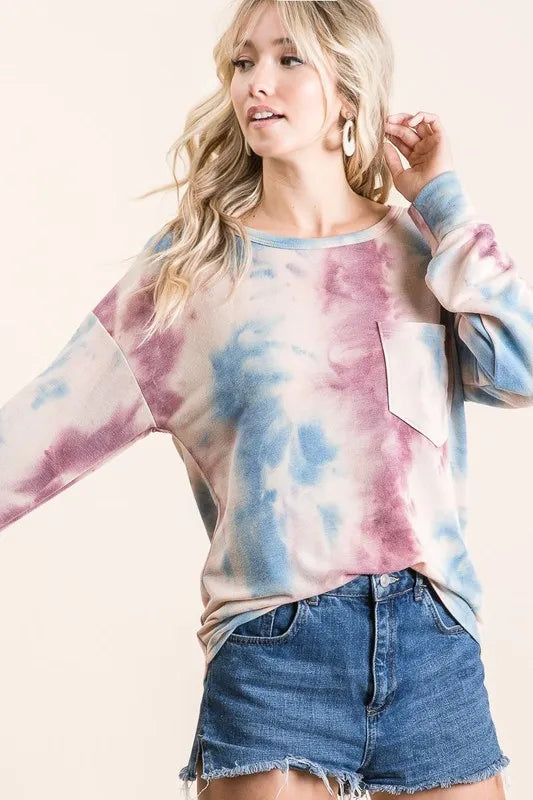BiBi Tie Dye Print Terry Top With Front Patch Pocket