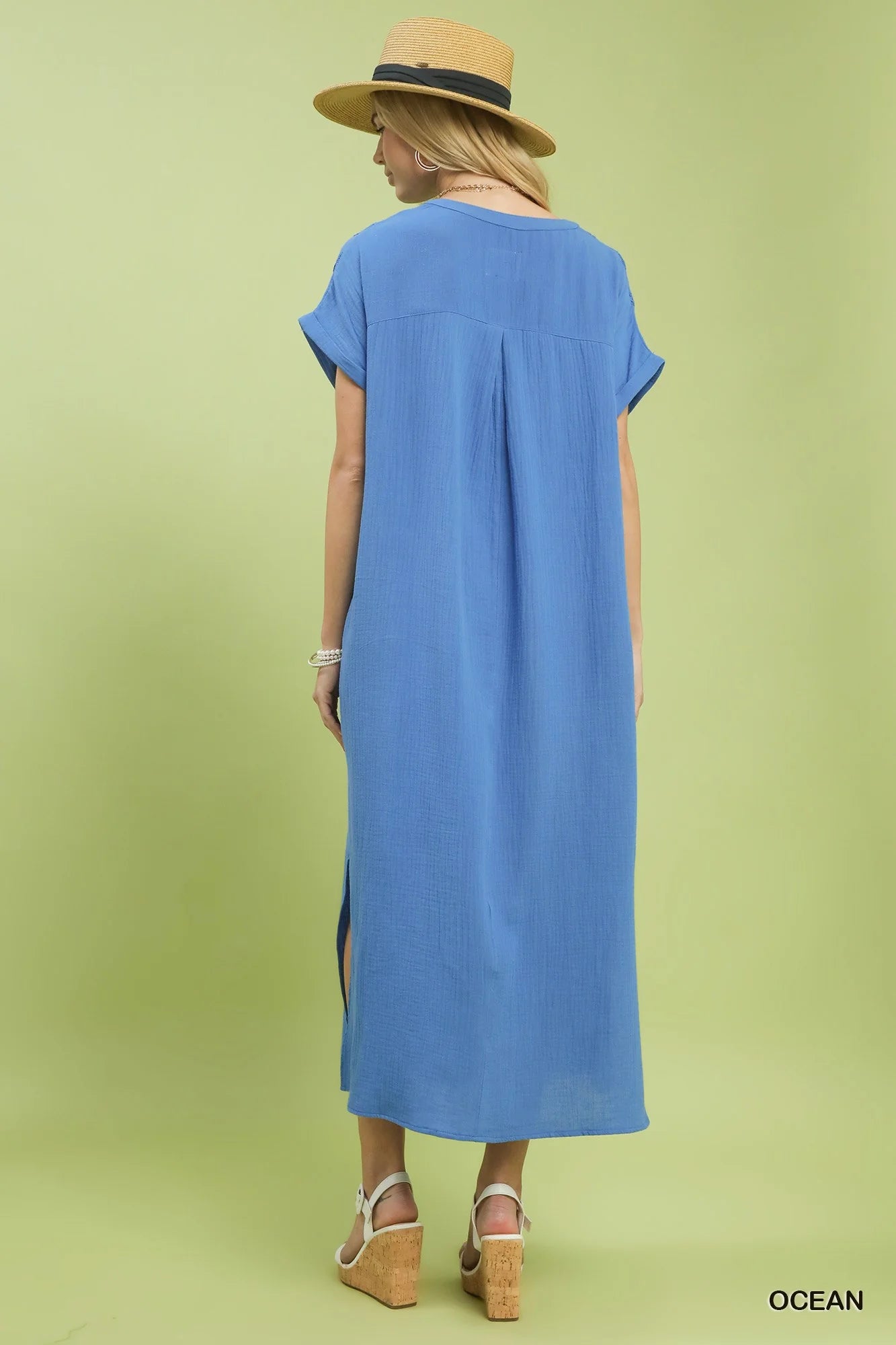 Umgee Button-Front Gauze Midi Dress with Lace Detail