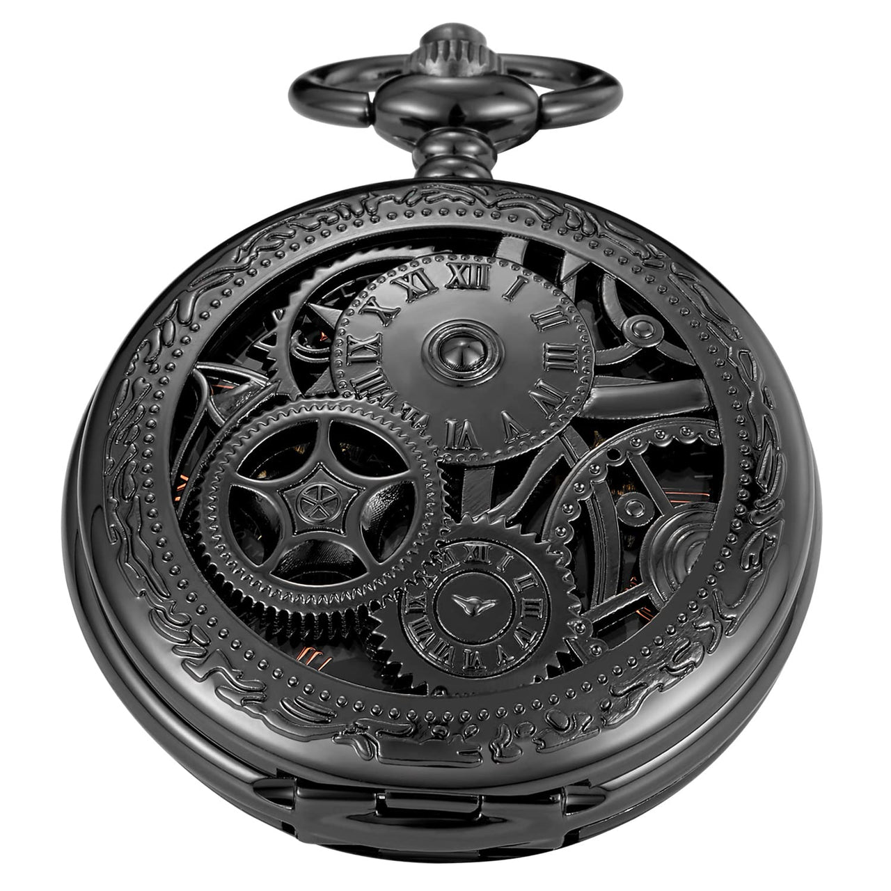 Whodoit Black Gear Double Cover Mens Mechanical Pocket Watch Double Cover Roman Design Dial Chain Mechanical Pocket Watch