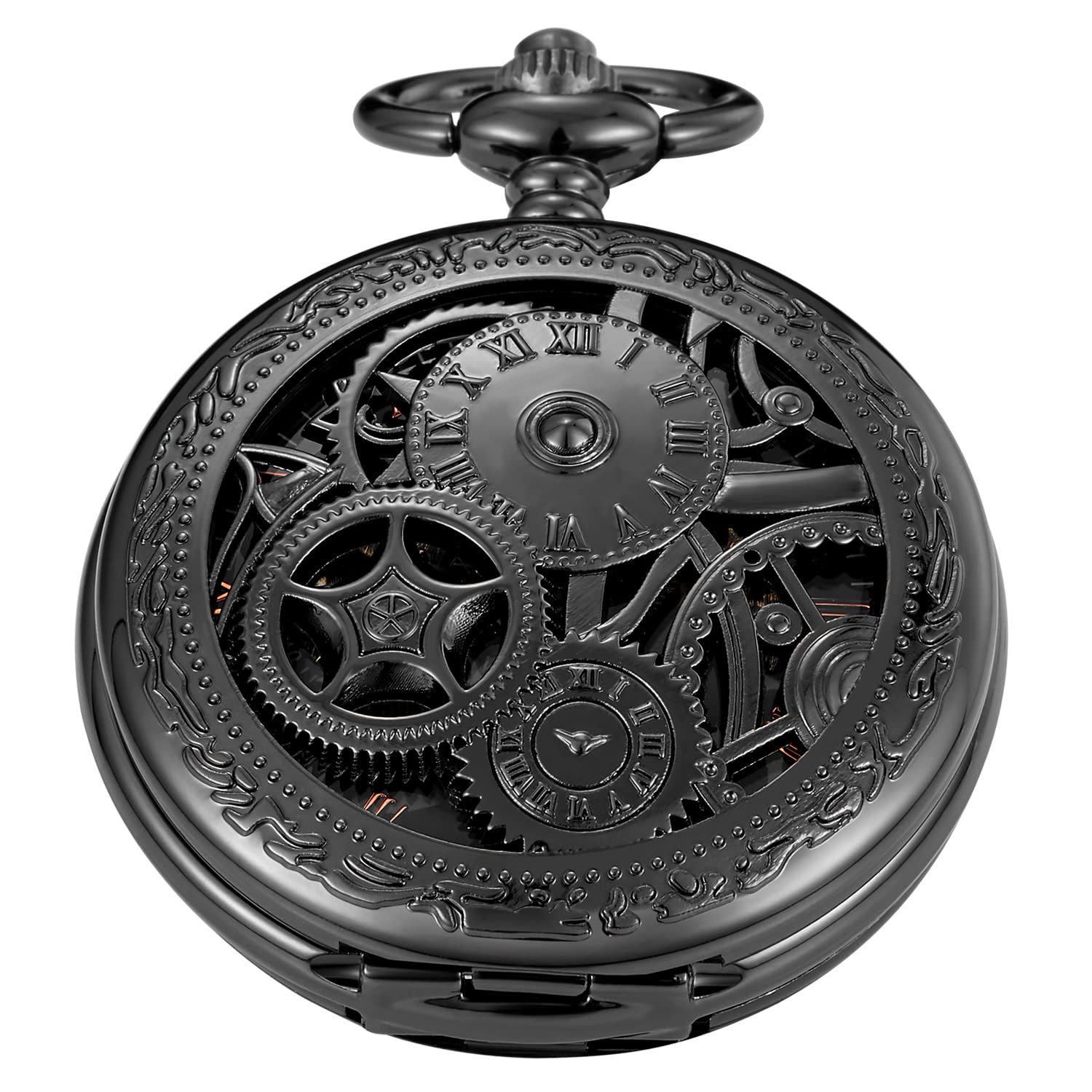 Whodoit Black Gear Double Cover Mens Mechanical Pocket Watch Double Cover Roman Design Dial Chain Mechanical Pocket Watch