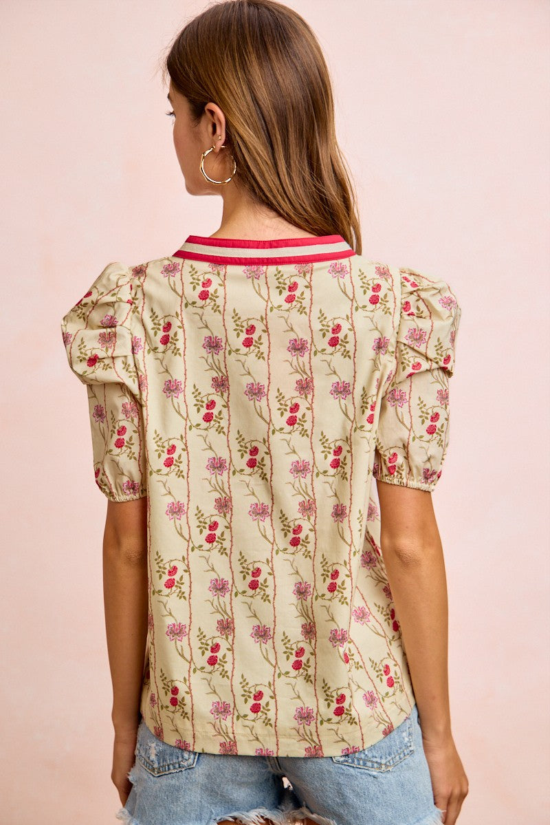 BiBi Floral Gather Sleeves Contrast Neckband Blouse Top