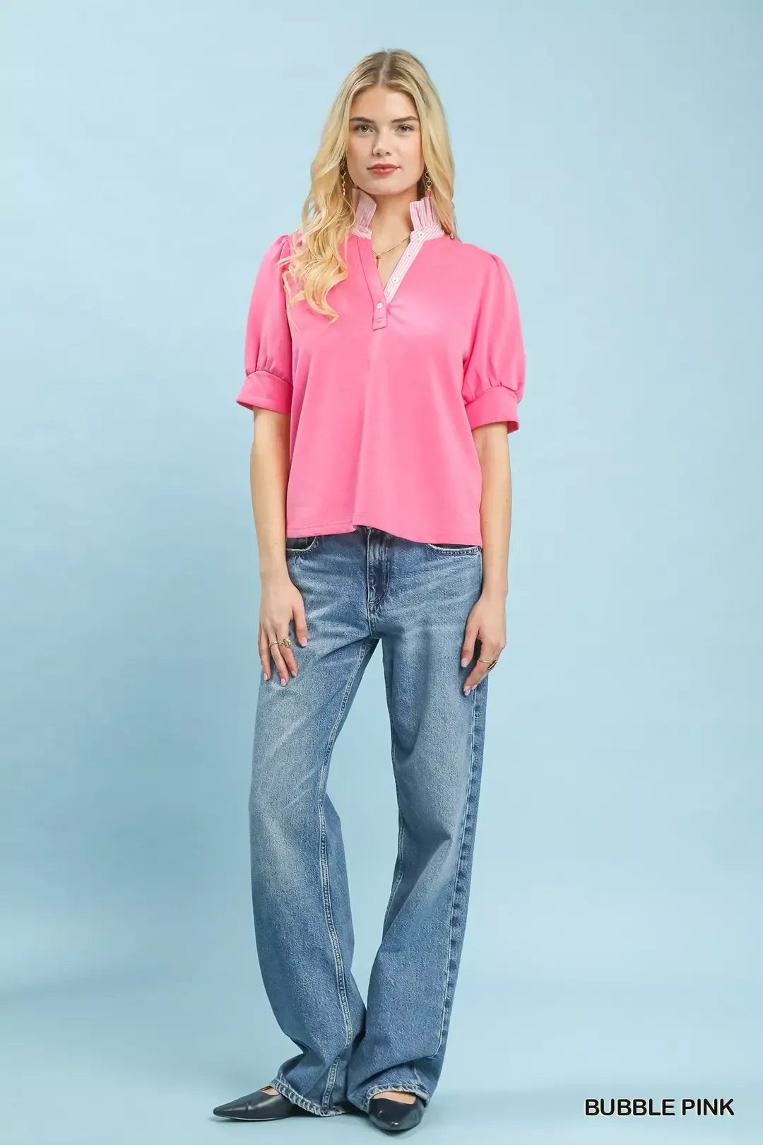 Umgee Striped Collar Popover Top