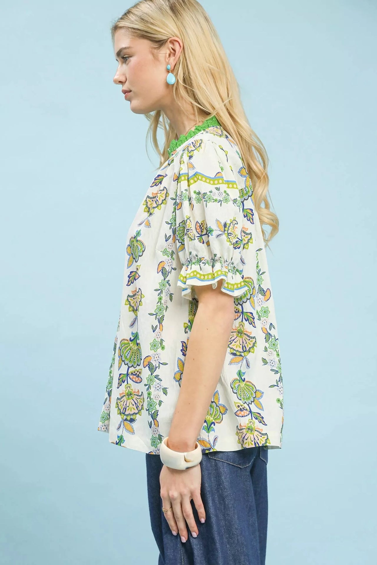 Umgee Abstract Border Print V-Neck Top