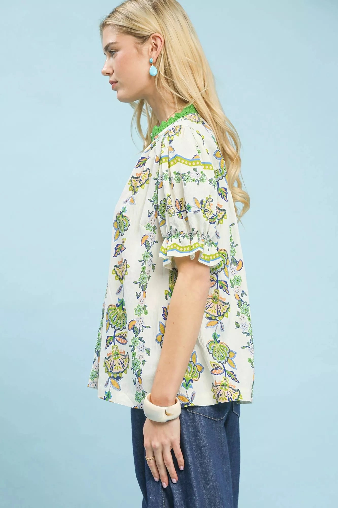 Umgee Abstract Border Print V-Neck Top
