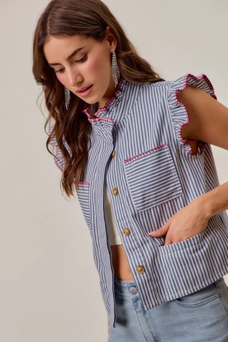 SO ME Stripe Twill Stitch Ruffled Hidden Button Vest Top