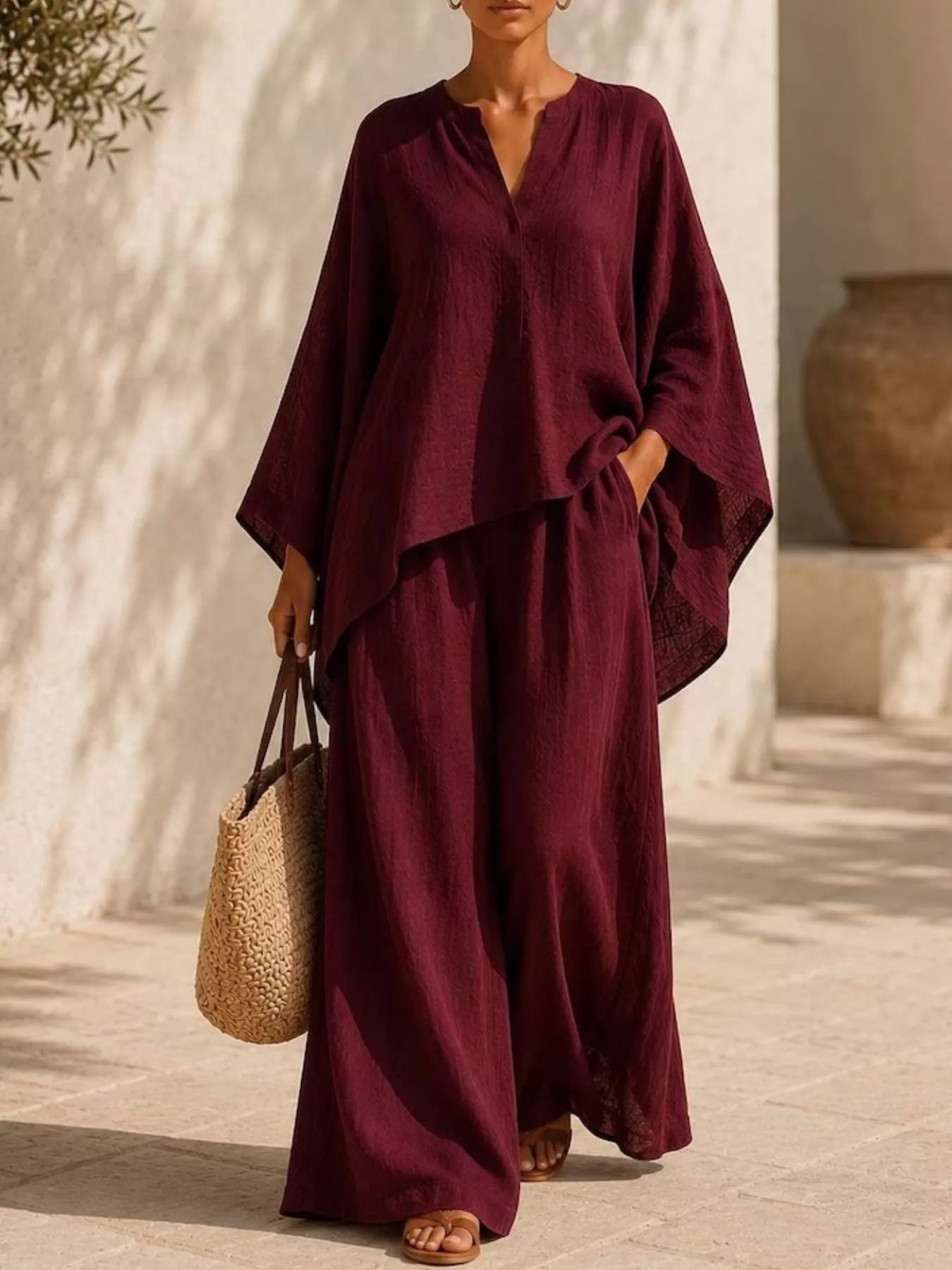 Full Size Notched Long Sleeve Top and Wide-Leg Pants Set Plus Size