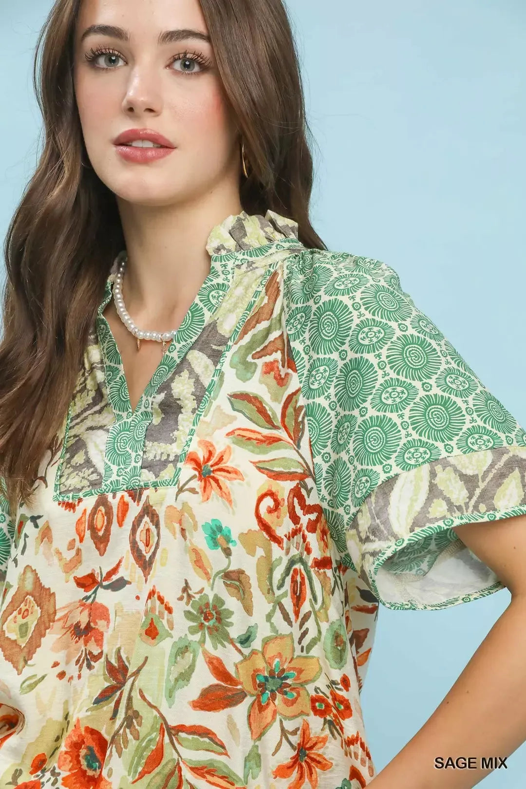 Umgee Mixed Print V-Neck Short Sleeve Top