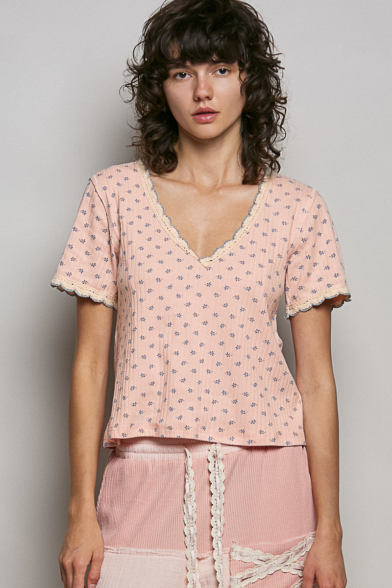 POL Floral V-Neck Short Sleeve Rib T-Shirt