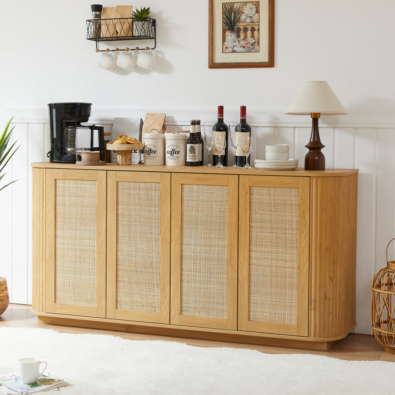 Contemporary Wave Shaped 64-Inch TV Stand with Rattan Doors in Natural Wood Finish