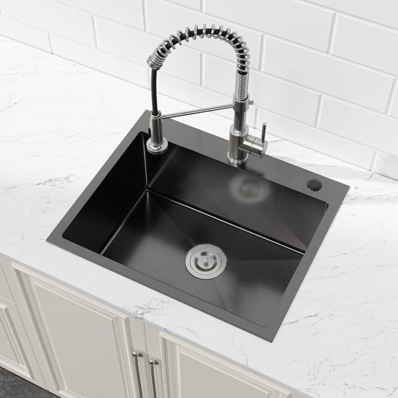 Stainless Steel Kitchen Sink, 23″x19″ Single Bowl, Undermount Handmade Sink in Black, with US Standard Drain and Hook, LS-SSBL02