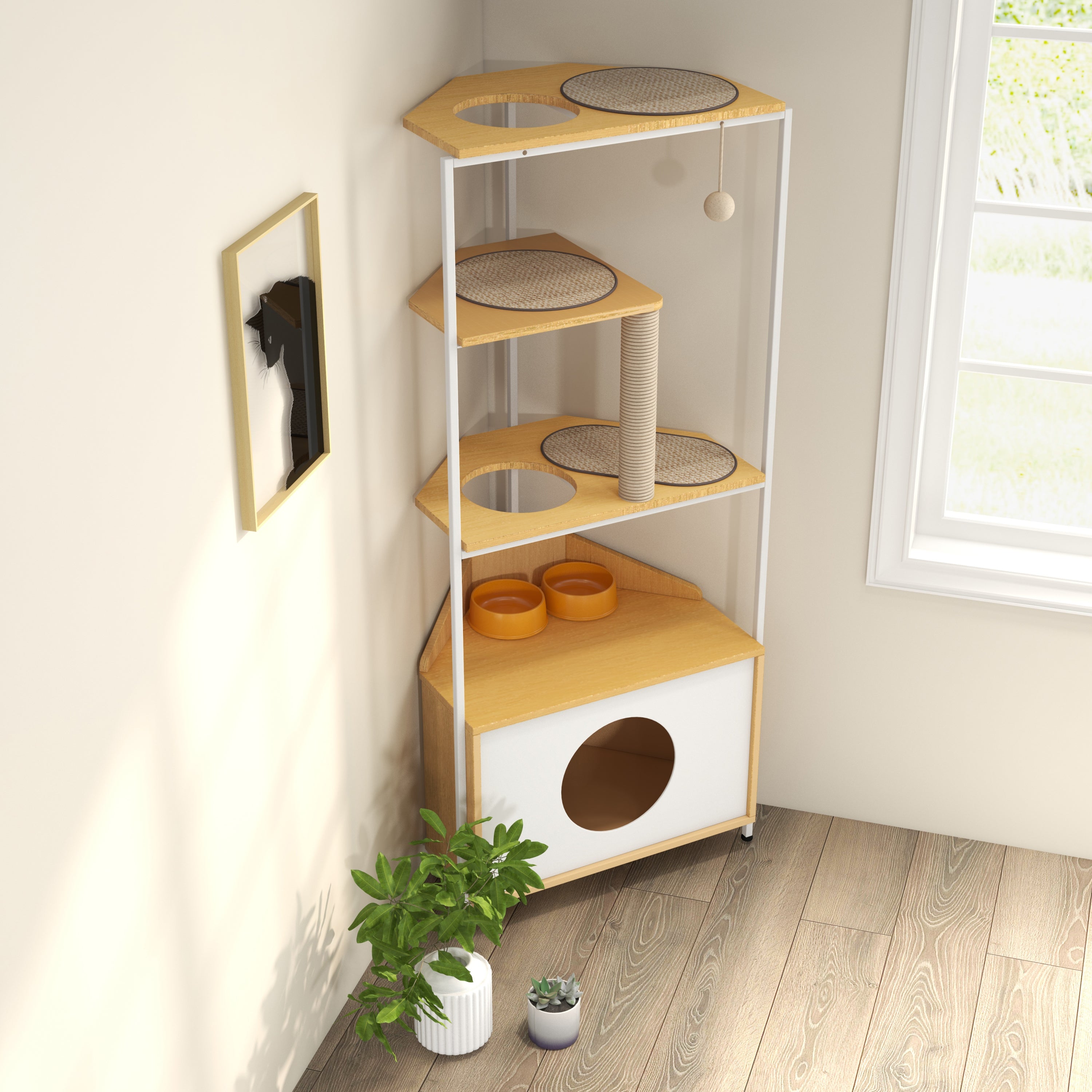 Modern Corner Cat Tower with Scratching Post, Cat Condo and Feeding Station, White and Light Oak Particle Board, 58.27-inch Height