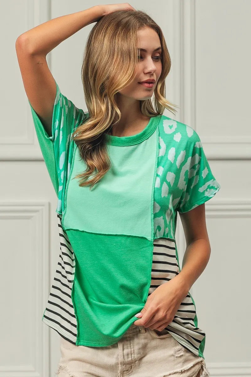 BiBi Leopard and Stripe Color Block Top With Exposed Seam