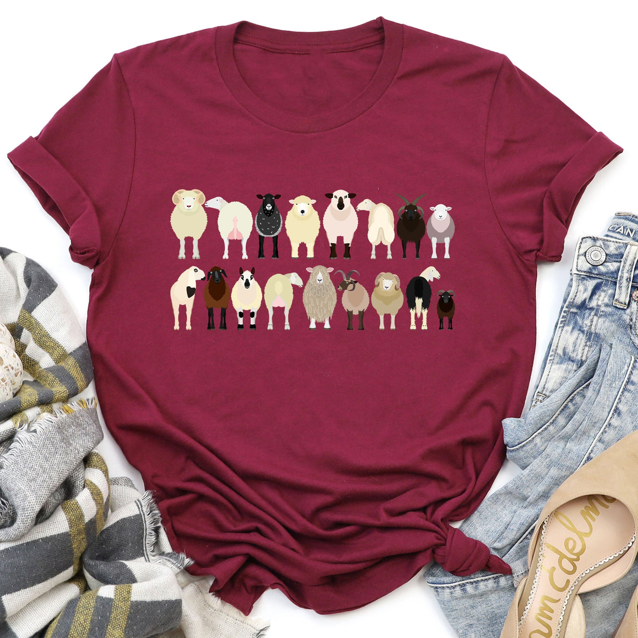 Sheep Lovers Farm Animal Illustration Breeds Artwork Series Collection Graphic Tee